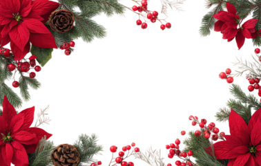 Festive Christmas border with poinsettias, pine, berries, and baubles creates holiday cheer