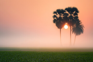 Sunrise mist behind tropical palm silhouettes in Southeast Asian dawnscape