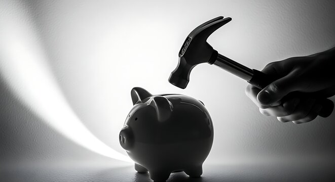Hand about to break piggy bank with hammer in monochrome setting