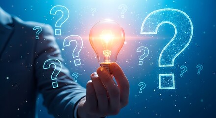 Hand holding a lightbulb surrounded by question marks on blue background