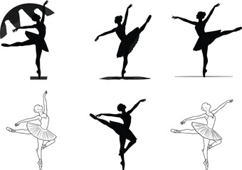 Elegant ballerina silhouettes performing classical ballet poses, vector illustration of graceful dance art, female dancer elegance, stage performance concept, creative artistic design element
