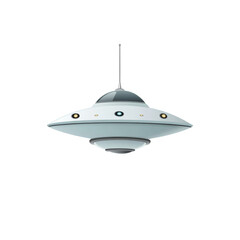 Sleek white flying saucer with dome top and antenna, featuring glowing lights around its edge, floating in space with futuristic feel