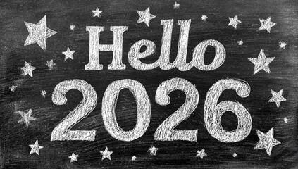 "Hello 2026" chalk text with hand-drawn stars on a textured blackboard, symbolizing a new year, fresh start, and future. Perfect for greetings, planners, or motivational designs.