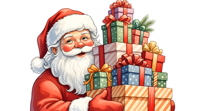 Joyful santa claus holding a large stack of christmas gifts isolated on transparent background