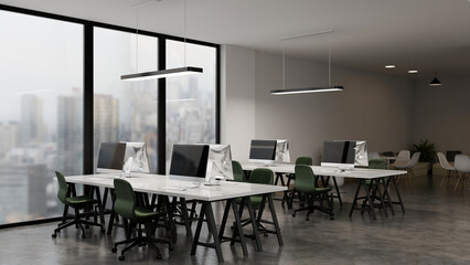 Modern white open space office interior with city scape