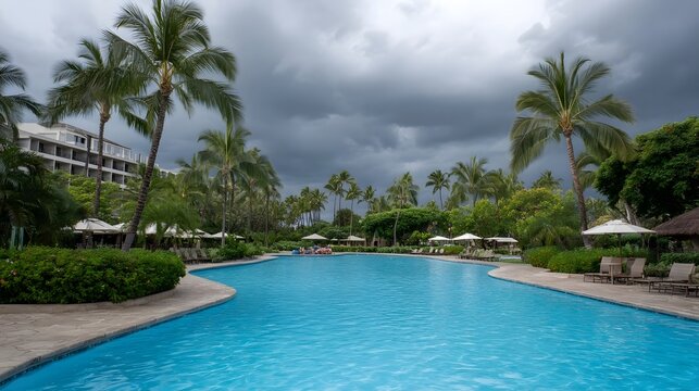 A large tropical resort pool area with palm trees and lounge chairs under a dramatic stormy sky