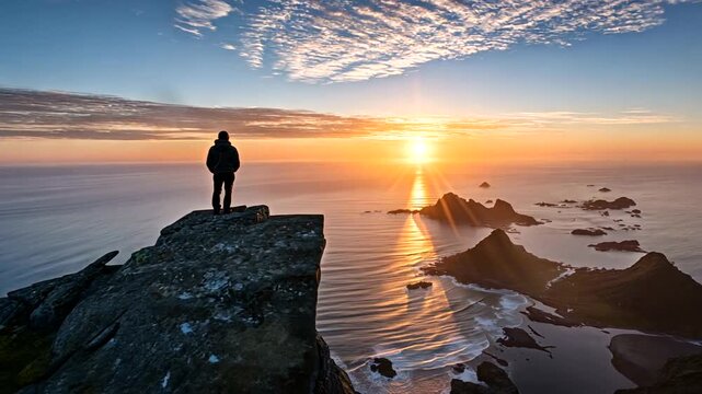 Figure on a cliff watches a dramatic ocean sunset over distant islands