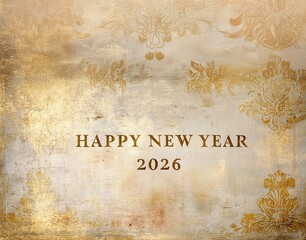 Elegant golden text Happy New Year 2026 on gold aged rococo texture, uniting artistic nostalgia and warm radiance to evoke classical spirit and refined celebration design.