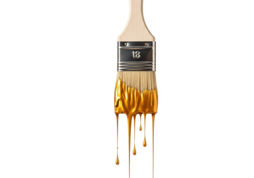 A paintbrush with gold paint dripping from its bristles, isolated on a transparent background