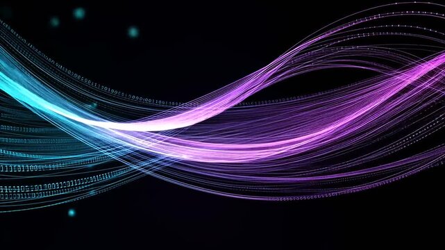 Abstract digital flow glowing blue and purple data streams on black