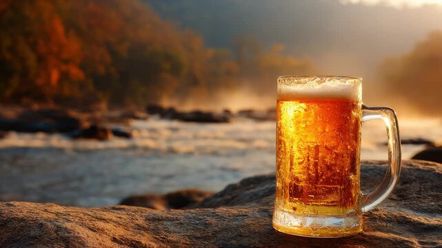 Golden Amber Beer Mug Filled With Refreshing Ale Sits On A Textured Rock Beside A Flowing River With Autumn Foliage In The Soft Evening Light