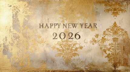 Ornamental text Happy New Year 2026 shining on gilded vintage wall, expressing union of texture, heritage, and grace in a luxurious classical festive tone. Golden decayed card.
