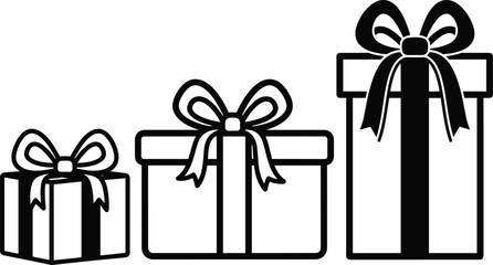 Black and White Gift Boxes with Ribbons and Bows – Festive Line Art for Holiday, Celebration, Packaging, and Decoration Themes