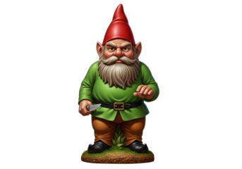 A grumpy garden gnome with a red hat and green jacket, holding a knife, isolated on transparent background