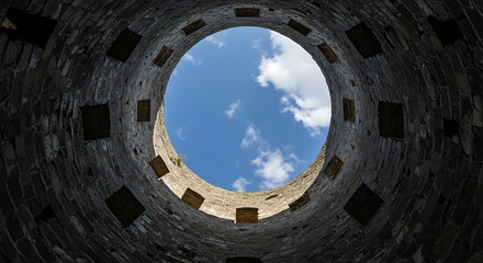 Looking Up from Inside a Well or Tower Towards a Bright Blue Sky with Clouds.