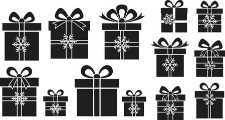 Black Christmas gift boxes with white snowflake decorations, festive ribbons, holiday packaging, winter celebration icons, elegant seasonal vector illustration
