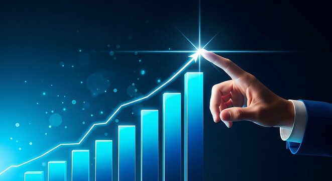 Hand points to rising financial graph showing business growth success