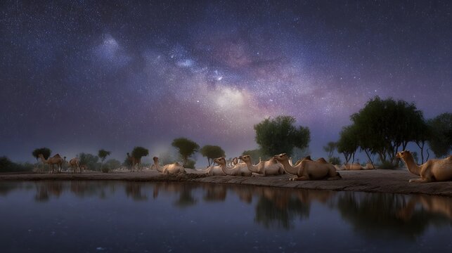 Camels rest by a tranquil desert oasis under the  star filled expanse of the Milky Way galaxy
