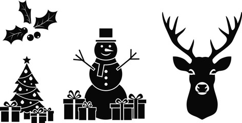 Christmas silhouette set with tree, snowman, reindeer, holly leaves and gift boxes for festive winter holiday vector design