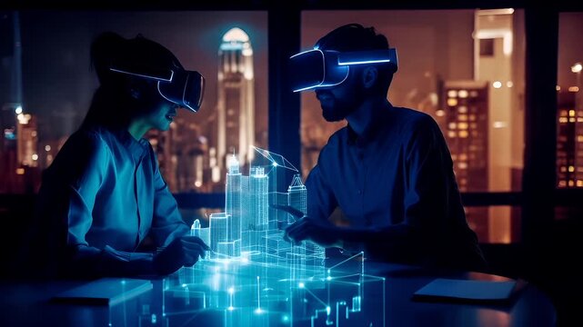 man using virtual reality headset in office setting with cityscape backgroundperson wearing virtual reality glasses in front of cityscape at night with neon lights.
