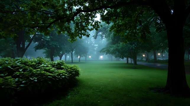 A serene park landscape at dusk veiled in atmospheric mist with glowing streetlights illuminating lush green lawns and trees creating a peaceful mood