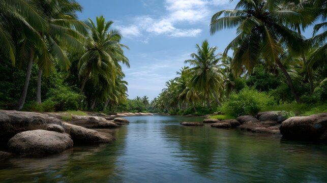 Lush palm trees line a serene tropical river flowing through lush green vegetation under a clear blue sky