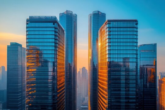 Reflection of golden sunset on modern glass skyscrapers in a dense urban cityscape with a clear sky