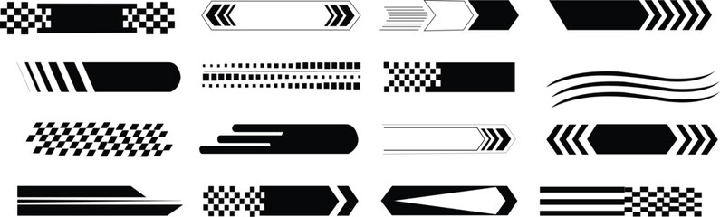 Racing care and race car stripes set. Checkered flag, start and finish line, motocross labels, dynamic lines, motoresport, racing stripe speed, sport decals, tuning stickers, speed motion elements 