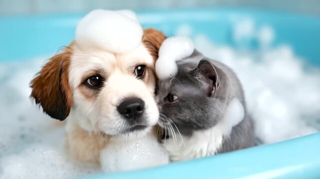 unny scene of a dog and cat taking a bath together in a light blue bathtub, foam and bubbles around, playful moment