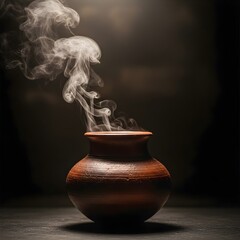 Traditional Sri Lankan Clay Pot with Rising Steam in Dark Minimal Studio Lighting
