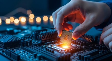 Engineer Hanf Installing CPU on Motherboard, Futuristic Technology, Innovation, and Computer Hardware Close-Up with Glowing Orange Circuit Lights