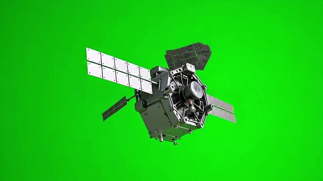 Sleek satellite orbiting against a vibrant green screen, perfect for visual effects or simulating space missions, dynamic and modern tech footage