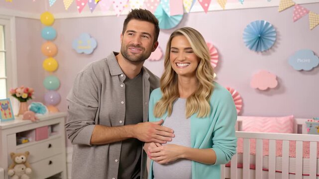 Joyful Celebration of Couples Upcoming Arrival in Beautifully Decorated Nursery Filled with Pastel Colors and Happiness, National Baby Making Day - Powered by Adobe