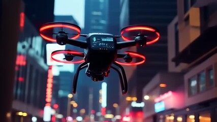 Futuristic cityscape, illuminated drone with red neon lights conducts surveillance in urban environment - Powered by Adobe