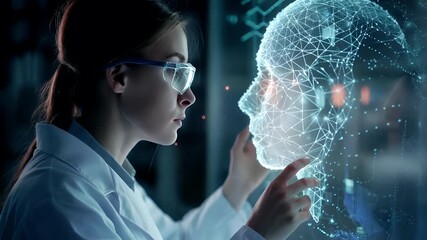 A woman in a lab coat and safety glasses is interacting with a digital interface. The interface is a complex network of lines and dots, resembling a neural network. The background is dark. - Powered by Adobe
