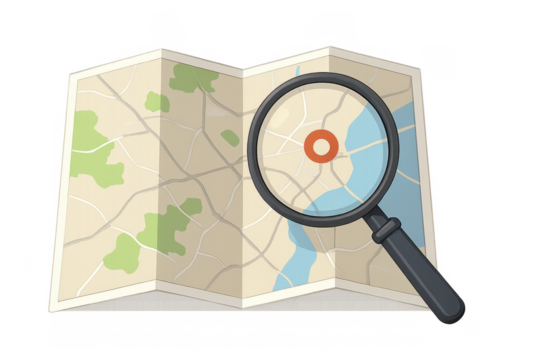 Magnifying glass finding location on folded map - Powered by Adobe