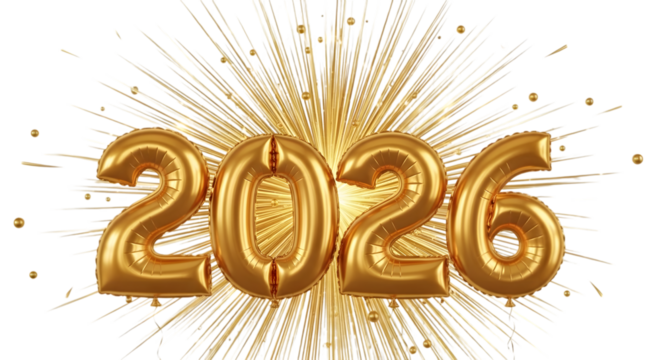 Golden 2026 balloons with fireworks isolated on transparent background