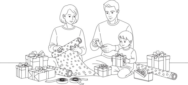 Family Wrapping Gifts Together - Line Art Illustration for Holiday and Celebration