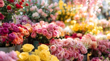 Abundant display of colorful roses creates a vibrant market scene with soft light