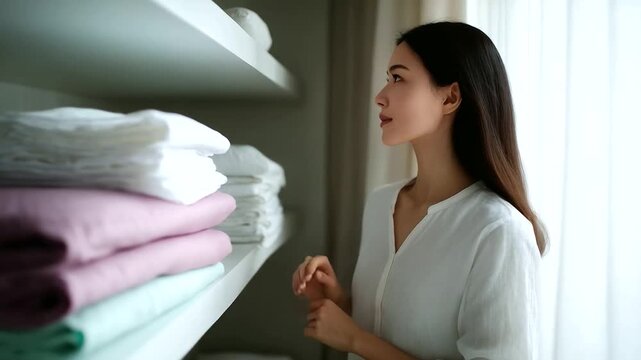 young woman organizing neatly folded white linens on storage shelves, hotel housekeeping concept, clean and tidy environment, soft daylight entering the room