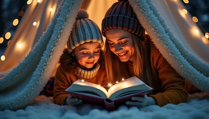 Mother and daughter reading a book together inside cozy blanket fort with fairy lights
