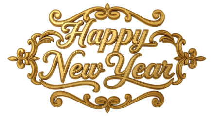 Elegant golden happy new year ornate text isolated on transparent background