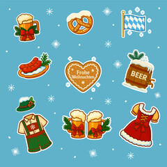 Cute Bavarian Christmas sticker set with beer, pretzel, sausage, lederhosen, dirndl and gingerbread heart “Frohe Weihnachten”. Transparent background design for winter holidays and Xmas projects.