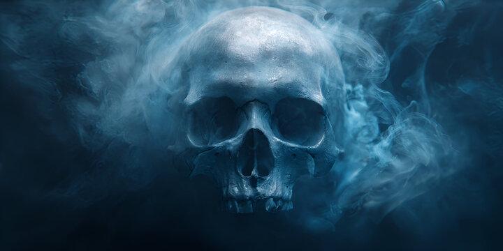 Skull in front view enveloped in smoke