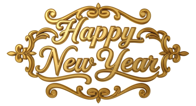 Elegant golden happy new year ornate text isolated on transparent background