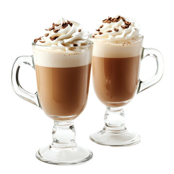 Delicious coffee topped with whipped cream and chocolate shavings on a bright transparent background, glasses of coffee with whipped cream on transparent background