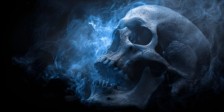 Skull with smoke drifting into darkness