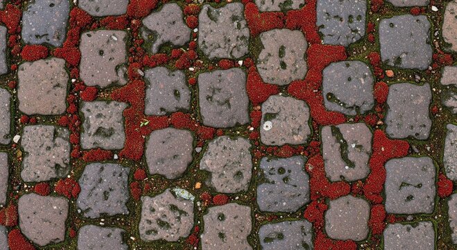 Close-up of a cobblestone pavement featuring square stones and red filler ideal for backgrounds and textures