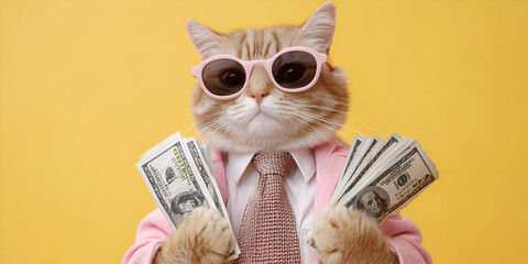 Ginger cat in pink suit holding dollar bills