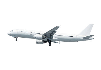 Obraz premium A modern passenger airplane in flight against a clear white sky, isolated on transparent background